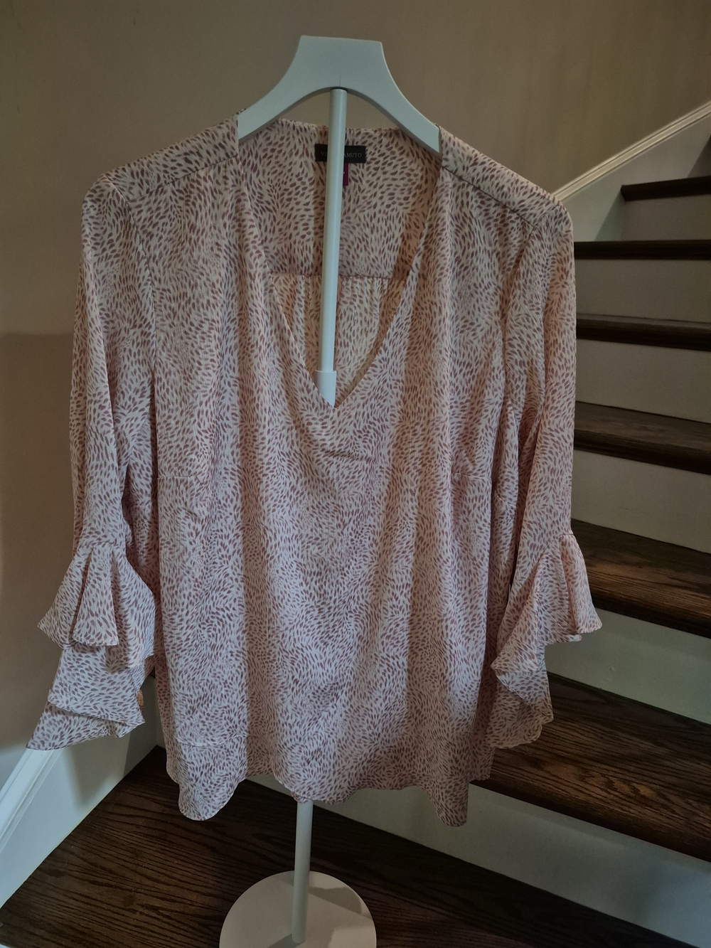 Vince Camuto Pink Printed V-Neck Ruffle Sleeve Blouse